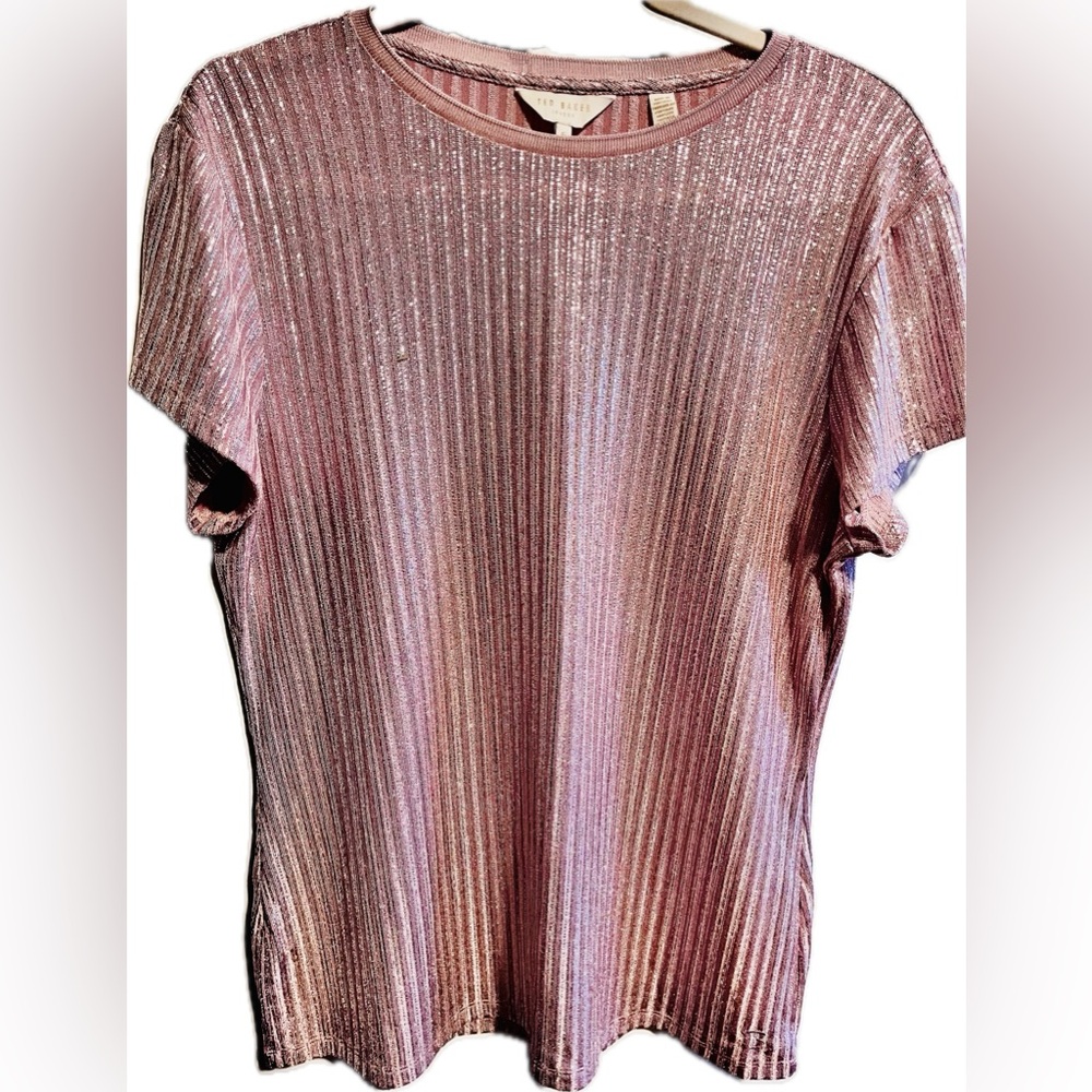 Ted Baker Rose Gold Shimmer Ribbed Short Sleeve Top